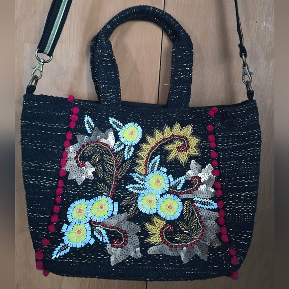 America & Beyond Handbags - America & Beyond Boho Black Floral Embroidered Beaded Mini Tote Bag